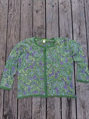 Sigrid Olsen Silk Angora Cardigan 1X Green Purple Floral Artsy Lightweight